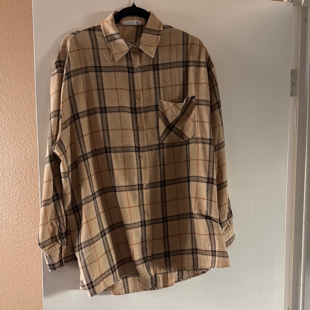 Tan Plaid Button-Up Shirt